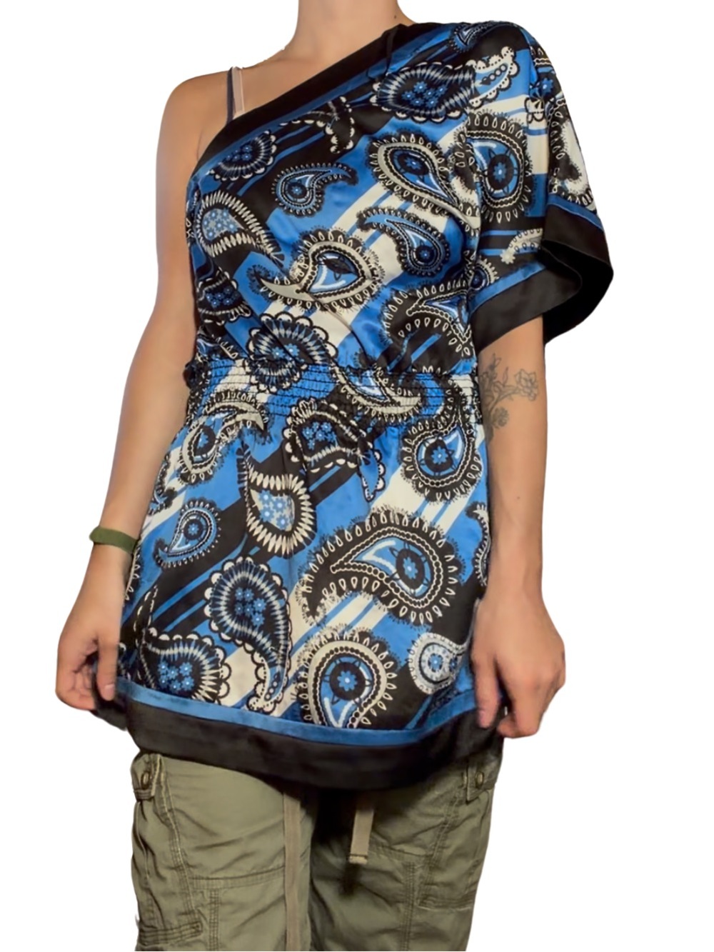 One-Shoulder Blue Paisley Satin Tunic Top